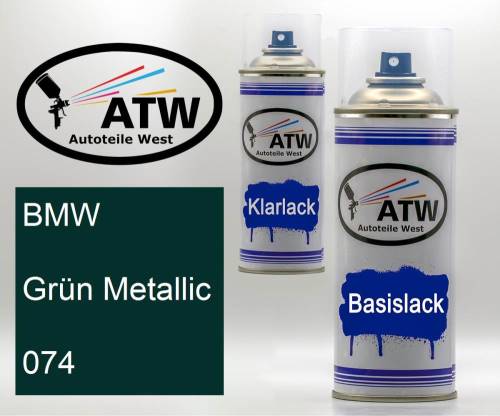 BMW, Grün Metallic, 074: 400ml Sprühdose + 400ml Klarlack - Set, von ATW Autoteile West.